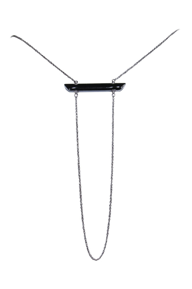 Current Boutique-Alexis Bittar - Long Silver Chain Necklace w/ Textured Light Blue Bar