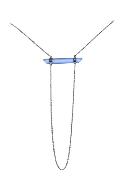 Current Boutique-Alexis Bittar - Long Silver Chain Necklace w/ Textured Light Blue Bar