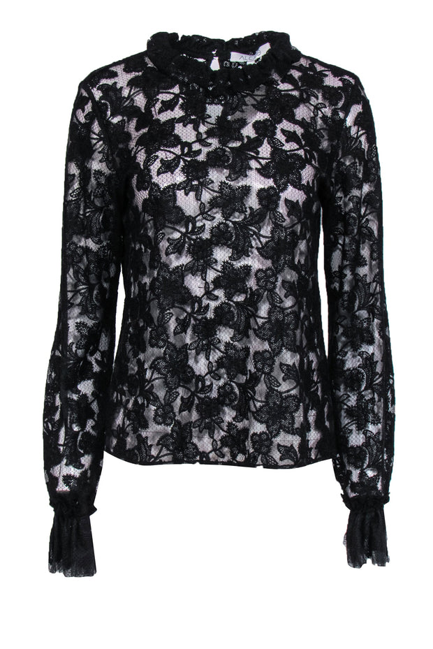 Current Boutique-Alexis - Black Floral Lace Blouse w/ Long Sleeves & Ruffle Neckline Sz S