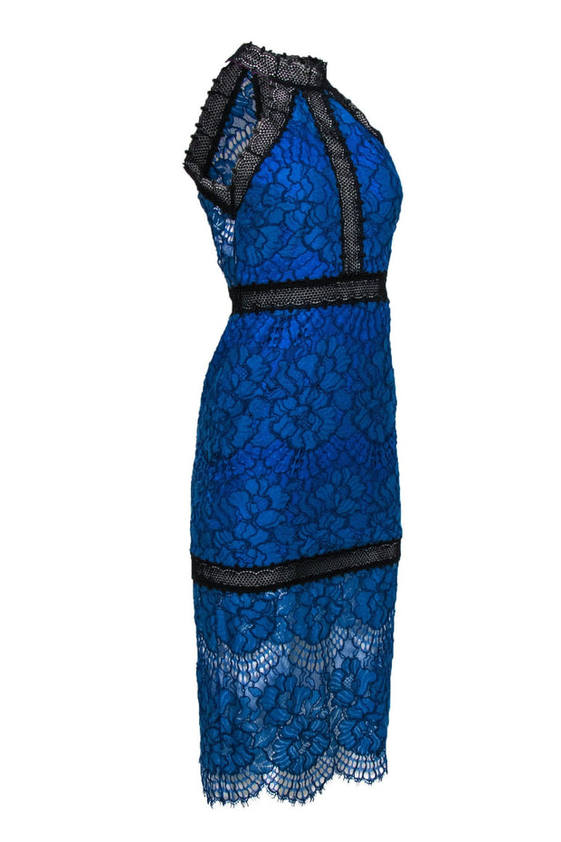 Current Boutique-Alexis - Blue & Black Lace Fitted Mock Neck Maxi Dress Sz S