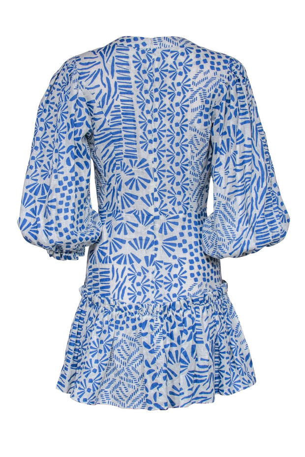 Current Boutique-Alexis - Blue & White Print Wrap Bodice Dress Sz S