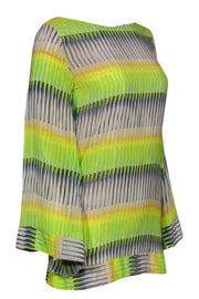 Current Boutique-Alexis - Neon Green, Grey & Yellow Print Bell Sleeve Tunic Sz S