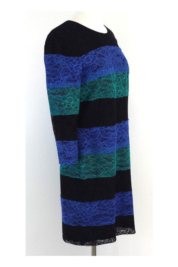 Current Boutique-Ali Ro - Black, Blue & Teal Striped Lace Dress Sz 6