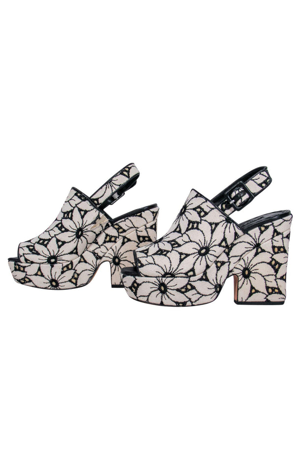 Current Boutique-Alice & Olivia - Beige & Black Floral Embroidered Chunky Slingback Heels Sz 6