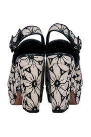 Current Boutique-Alice & Olivia - Beige & Black Floral Embroidered Chunky Slingback Heels Sz 6