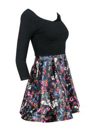 Current Boutique-Alice & Olivia - Black Long Sleeve Fit & Flare Dress w/ Floral Print Skirt Sz 4