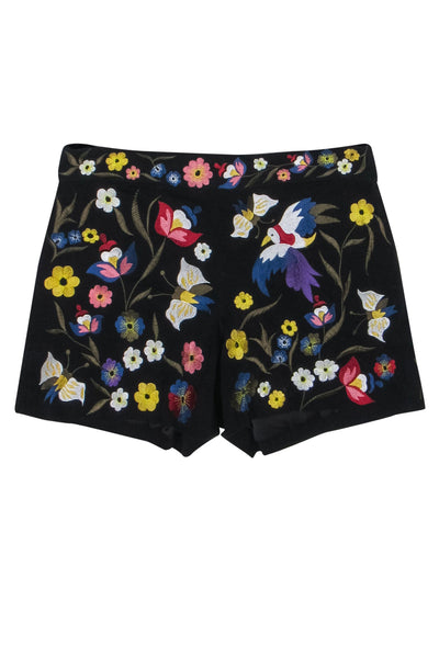 Current Boutique-Alice & Olivia - Black & Multicolor Floral Embroidered High Waisted Short Sz 2