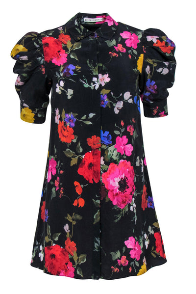 Current Boutique-Alice & Olivia - Black & Multicolor Floral Print Puff Sleeve Button-Up Dress Sz XS