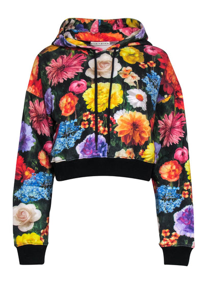 Current Boutique-Alice & Olivia - Black & Multicolored Floral Print Cropped Hoodie Sz M