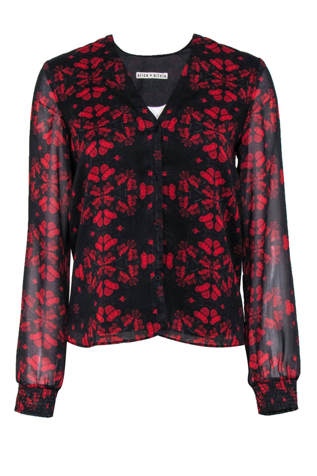 Current Boutique-Alice & Olivia - Black & Red Floral Print Long Sleeve Blouse Sz S