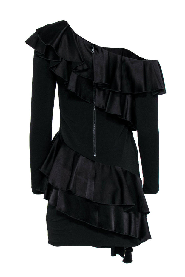 Current Boutique-Alice & Olivia - Black Ruffle One Shoulder Ruffle Dress Sz 6