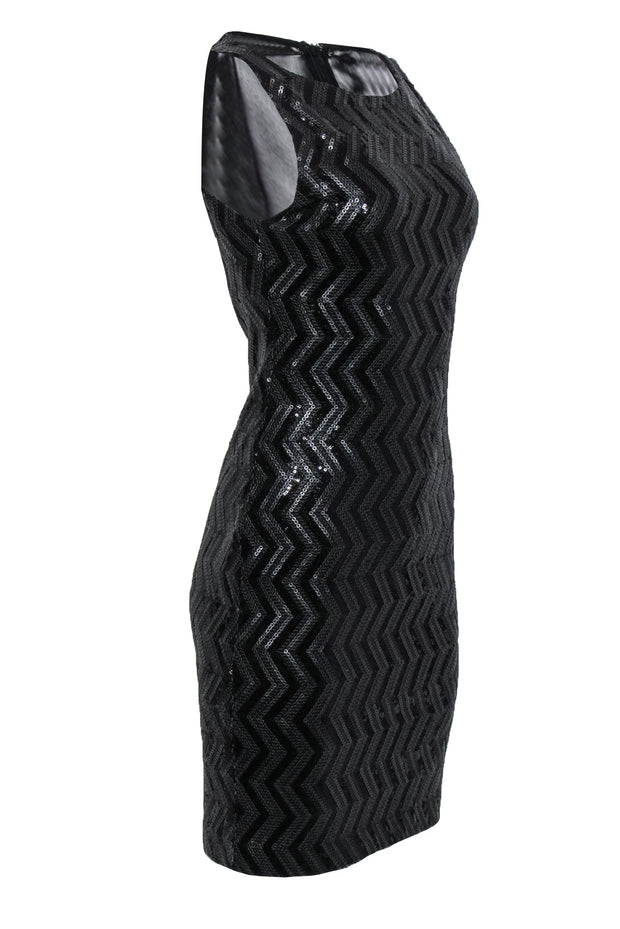 Current Boutique-Alice & Olivia - Black Sequin Chevron Sheath Dress w/ Back Mesh Paneling Sz 6