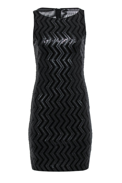 Current Boutique-Alice & Olivia - Black Sequin Chevron Sheath Dress w/ Back Mesh Paneling Sz 6