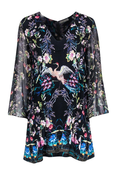 Current Boutique-Alice & Olivia - Black, Teal & Purple Floral Print w/ Sheer Sleeves Sz S