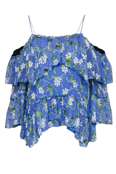 Current Boutique-Alice & Olivia - Blue Floral Print Cold Shoulder Ruffle Blouse Sz SP