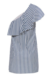 Current Boutique-Alice & Olivia - Blue & White Striped Ruffle Sleeveless One Shoulder Shift Dress Sz M