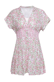 Current Boutique-Alice & Olivia - Blush & Green Disty Floral Print Smocked Waistline Fit & Flare Sundress Sz 2