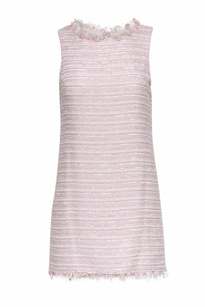 Current Boutique-Alice & Olivia - Blush & White Metallic Tweed Shift Dress w/ Fringe Sz XS