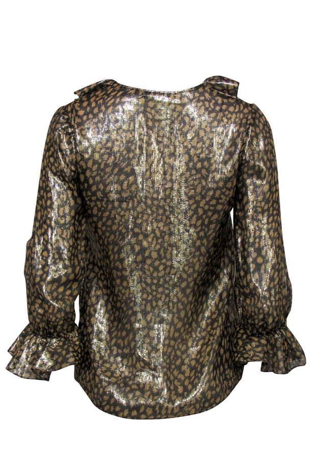 Current Boutique-Alice & Olivia - Gold Metallic Leopard Print Button-Up Ruffle Blouse Sz XS