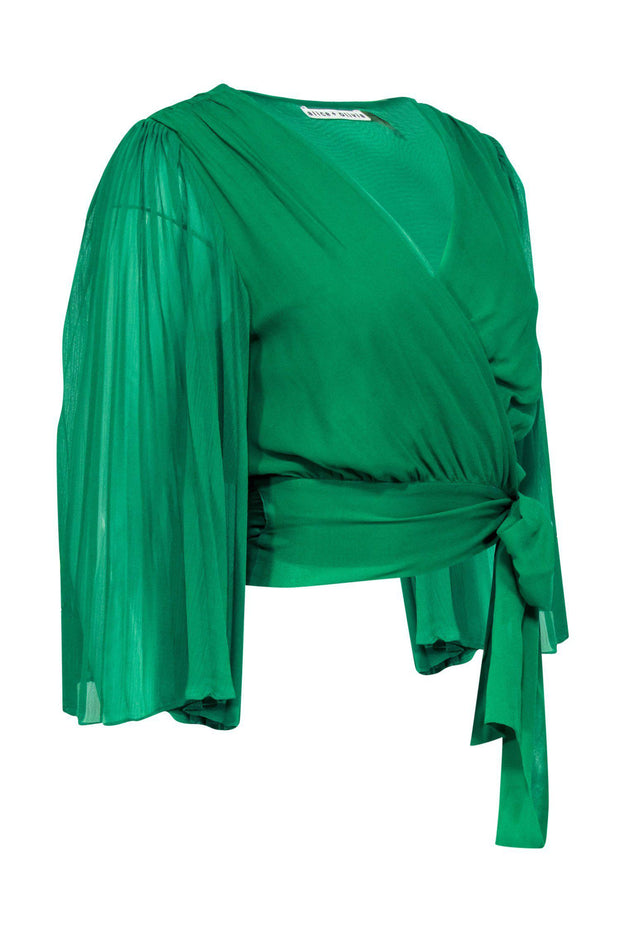 Current Boutique-Alice & Olivia - Green Pleated Bell Sleeve Wrap Cropped Blouse Sz M