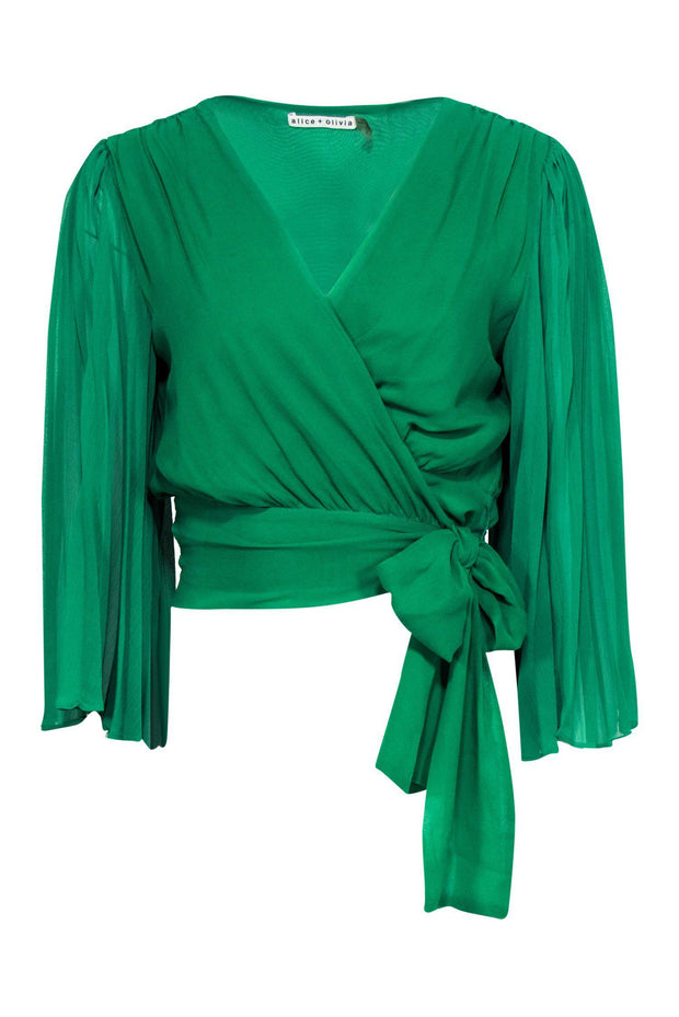 Current Boutique-Alice & Olivia - Green Pleated Bell Sleeve Wrap Cropped Blouse Sz M