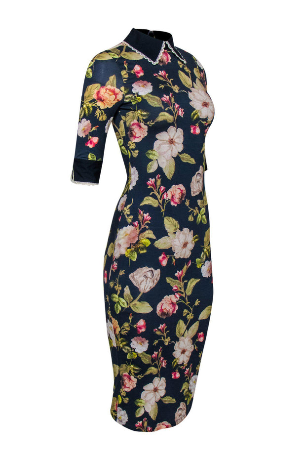 Current Boutique-Alice & Olivia - Navy Floral Collared Midi Dress w/ Lace Sz 0