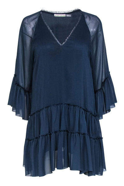 Current Boutique-Alice & Olivia - Navy Sheer Ruffled Mini Shift Dress Sz S