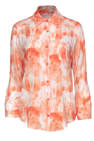 Current Boutique-Alice & Olivia - Orange & Cream Watercolor Print Button-Up Silk Blend Blouse Sz S