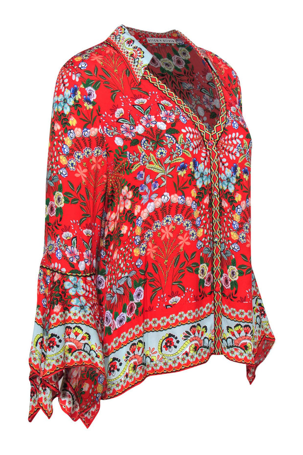 Current Boutique-Alice & Olivia - Red & Bright Floral Silk Collared Bell Sleeve Blouse Sz L