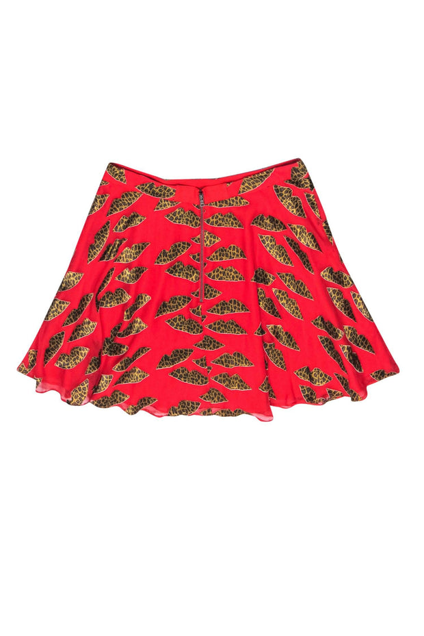 Current Boutique-Alice & Olivia - Red Flare Miniskirt w/ Cheetah Print Lips Sz 10