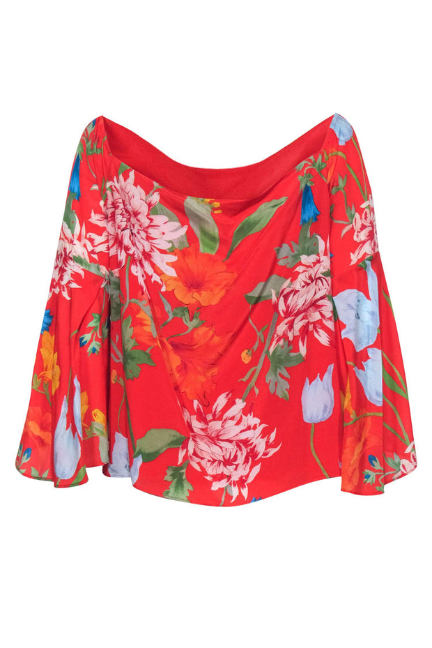 Current Boutique-Alice & Olivia - Red & Multicolor Floral Print Bell Sleeve Silk Blouse Sz L