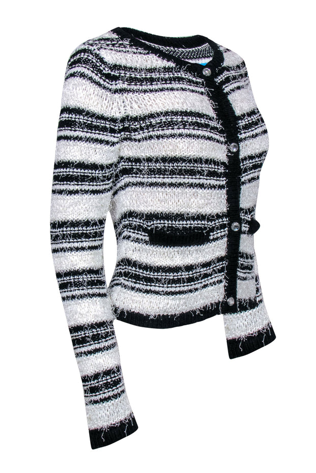 Current Boutique-Alice & Olivia - White & Black Striped Fuzzy Cardigan w/ Jeweled Buttons Sz S