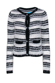 Current Boutique-Alice & Olivia - White & Black Striped Fuzzy Cardigan w/ Jeweled Buttons Sz S