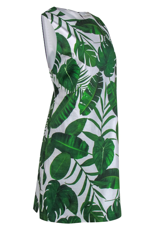 Current Boutique-Alice & Olivia - White & Green Leaf Print Sleeveless Shift Dress Sz 12