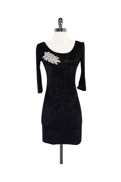 Current Boutique-Alice Temperley - Black Velour Bodycon Long Sleeve Dress Sz S