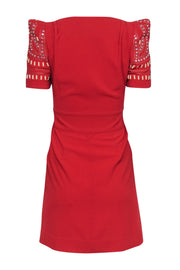 Current Boutique-Alice Temperley - Red "Ghana" Sheath Dress w/ Beaded & Jeweled Puff Sleeves Sz 4