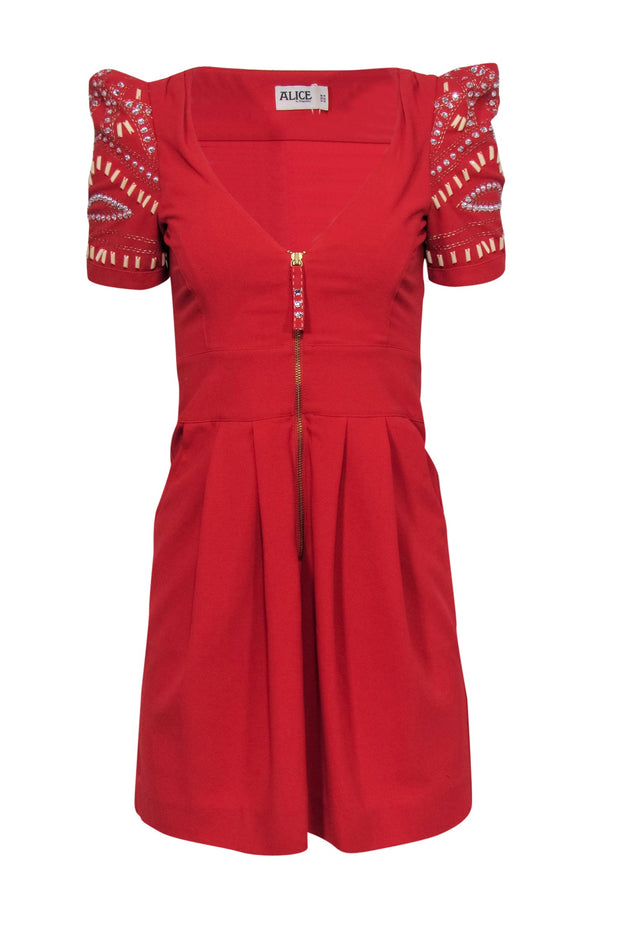 Current Boutique-Alice Temperley - Red "Ghana" Sheath Dress w/ Beaded & Jeweled Puff Sleeves Sz 4