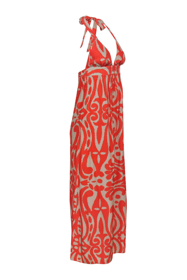 Current Boutique-Alice & Trixie - Orange & Beige Tribal Print Halter Top Silk Maxi Dress Sz XS