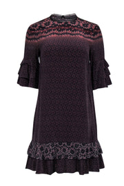 Current Boutique-All Saints - Black, Brown, & Rust Print Ruffle Sleeve & Hem Dress Sz S