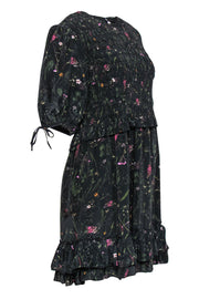 Current Boutique-All Saints - Black Floral Print Smocked Ruffled Puff Sleeve "Jaya Heligan" Dress Sz 10