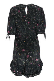 Current Boutique-All Saints - Black Floral Print Smocked Ruffled Puff Sleeve "Jaya Heligan" Dress Sz 10