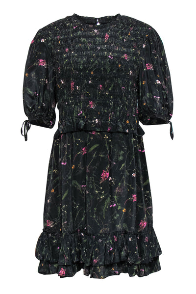 Current Boutique-All Saints - Black Floral Print Smocked Ruffled Puff Sleeve "Jaya Heligan" Dress Sz 10