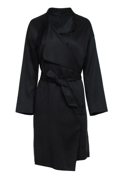 Current Boutique-All Saints - Black Open Front Belted Trench Coat w/ Suede Collar Sz 6