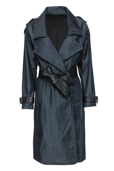 Current Boutique-All Saints - Dark Wash Chambray Double Breasted Trench Coat w/ Leather Trim Sz 2