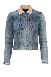 Current Boutique-All Saints - Distressed Light Wash Denim Jacket w/ Corduroy Collar Sz XS