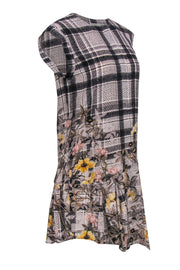 Current Boutique-All Saints - Grey Plaid & Floral Print Sleeveless Drop Waist Silk Shift Dress w/ Asymmetrical Hem Sz 2