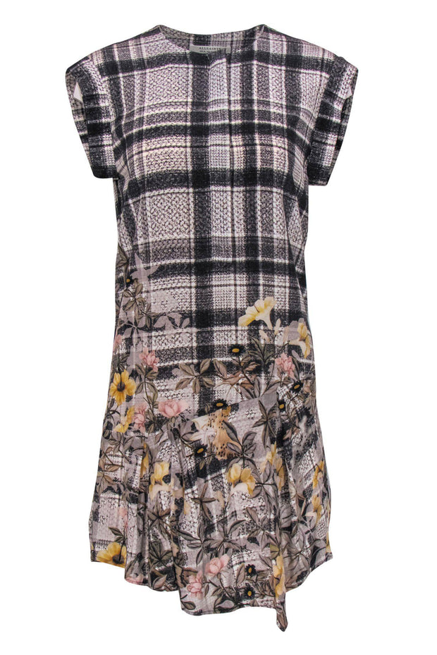 Current Boutique-All Saints - Grey Plaid & Floral Print Sleeveless Drop Waist Silk Shift Dress w/ Asymmetrical Hem Sz 2