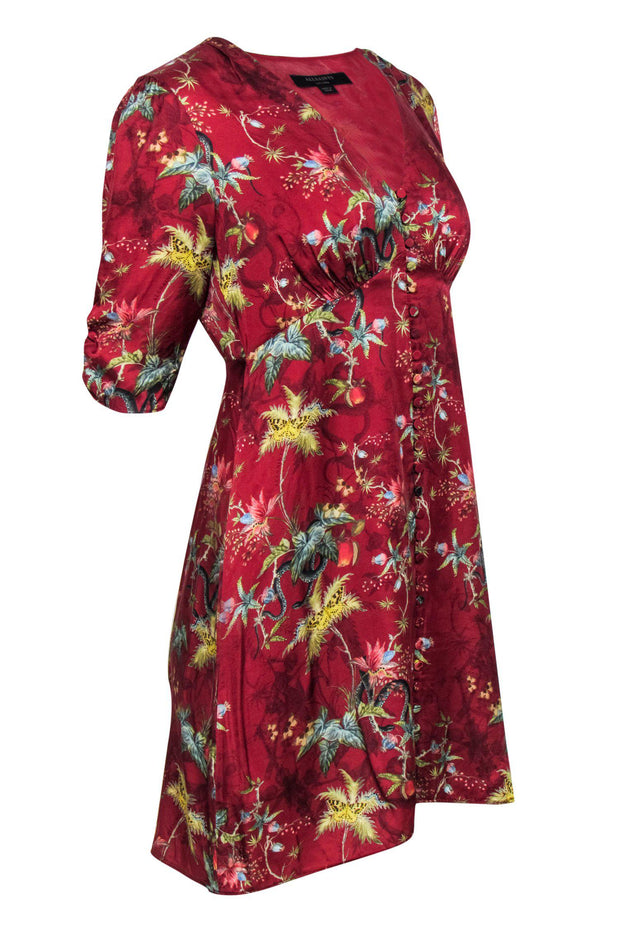 Current Boutique-All Saints - Red Satin Tropical Printed Button-Front Dress Sz M