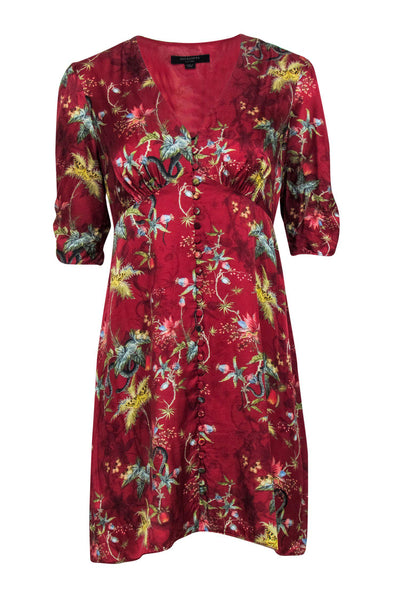 Current Boutique-All Saints - Red Satin Tropical Printed Button-Front Dress Sz M