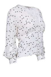 Current Boutique-All Saints - White Chiffon Blouse w/ Black Embroidered Hearts & Deep-V Button Front